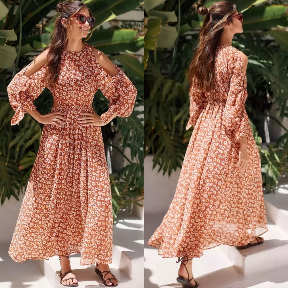 Anthropologie Sheer Rust Abstract Floral Print Coverup Maxi Dress